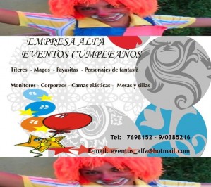 Alfa Eventos Cumplea&ntilde;os Anuncios gratis en La Reina |  Animaciones Payasitas Titeres Magos Hanna Montanna Barbies Lazy Town 769815, Barney Minnie Mickey Camas Elasticas Inflables Mesas y Sillas.
