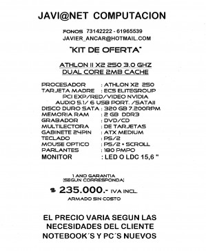 Javier Ancar Anuncios gratis en Puangue Alto |  venta de pc�s y notebook�s a pedido seg&uacute;n especificaciones, el valor varia seg&uacute;n lo que necesite