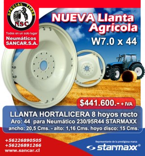 SANCAR S.A. Anuncios gratis en Iquique |  Precios insuperables llantas hortalicera starmaxx w 7.0 x aro 44, Precios insuperables llantas hortalicera starmaxx w 7.0 x aro 44